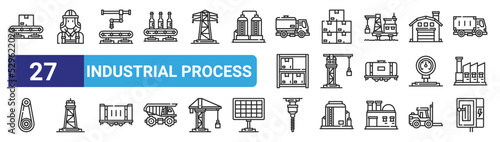 set of 27 outline web industrial process icons such as conveyor, engineer, industrial robot, stock, crane, pumpjack, drill, lever vector thin icons for web design, mobile app.