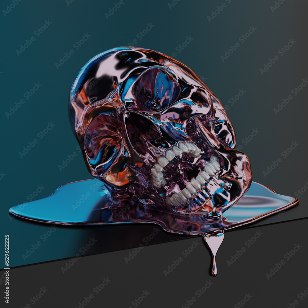 Concept illustration from 3D rendering of silver metal melting screaming  skull made of chrome reflecting metal isolated on black metallic block.  ilustración de Stock | Adobe Stock