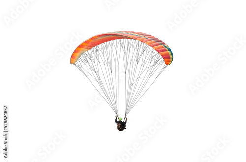 Bright colorful parachute on white background, isolated. Concept of extreme sport, taking adventure challenge.