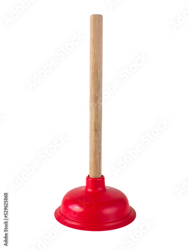 Bright red rubber plunger with wooden handle isolated transparent png