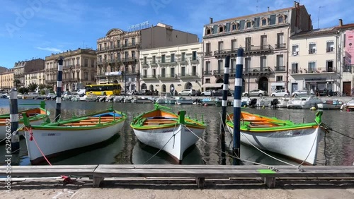 Typical Sète boats on the royal canal in Sète, Hérault, Occitanie, France