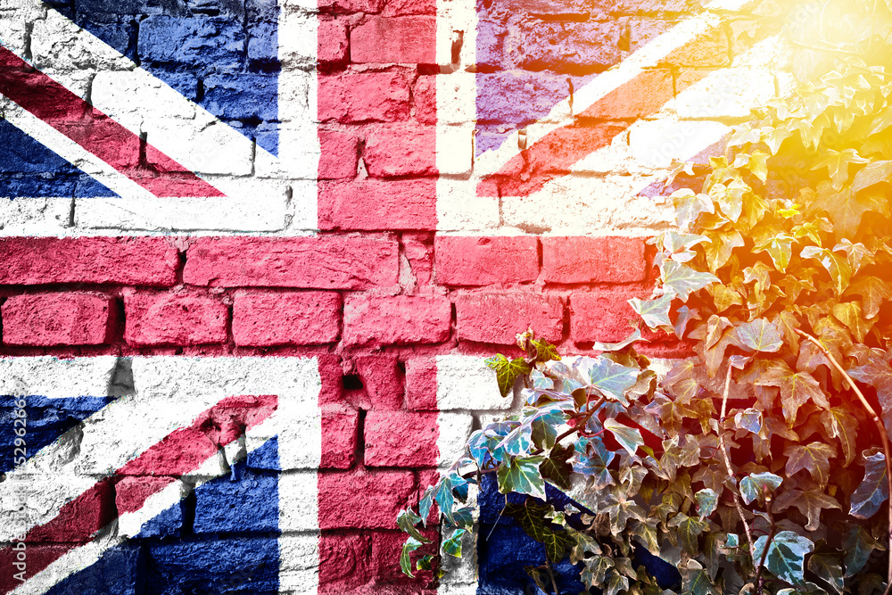 Naklejka premium UK grunge flag on brick wall with ivy plant sun haze view
