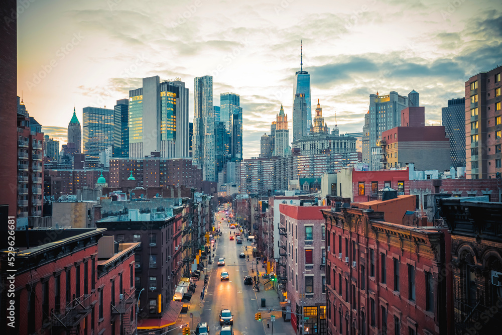 New York City Chinatown and Skyscrapers skyline dusk view
