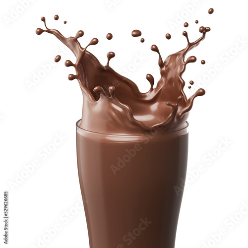Chocolate Pouring and splash into glass, 3d illustration.