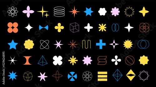 Different Brutalism shapes, minimalist geometric bauhaus elements, abstract forms. Star, cross, flower shape, basic form, trendy modern design element vector set