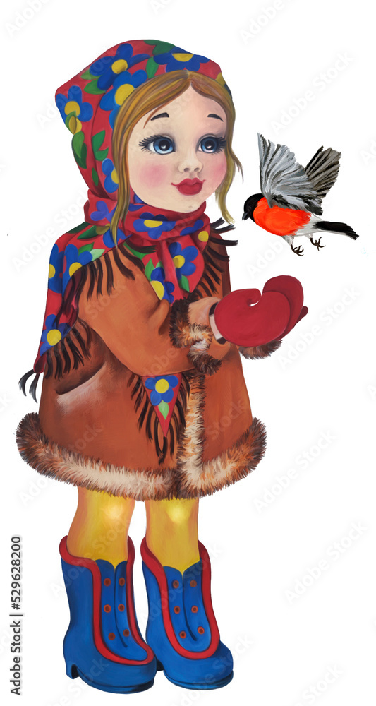 A girl in retro winter clothes invites a bullfinch to sit on her hands. For illustrating children's books and Christmas postcards.
