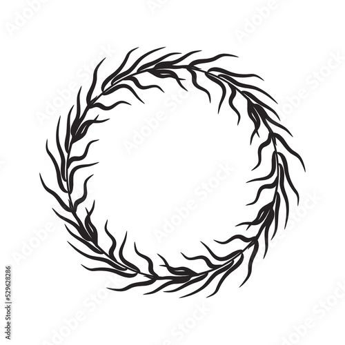 Round wreath with wavy leaves. Mystical border made of grass, bamboo sprigs. Floral frame with place for text. Decorative design element, doodle drawing isolated on white background. Simple minimalist