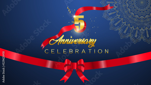 5th anniversary Year celebration background. 3D Golden number, covered with red ribbon. The backdrop of blue, template, and card vector illustration.