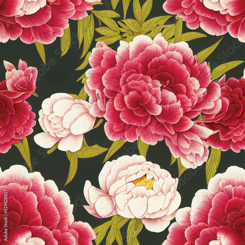 Hand-drawn style delicate abstract Peony flower illustration pattern in front of gree background, elegant natural retro design, can be used for wrapping paper, cards, invitations, and holiday banners.