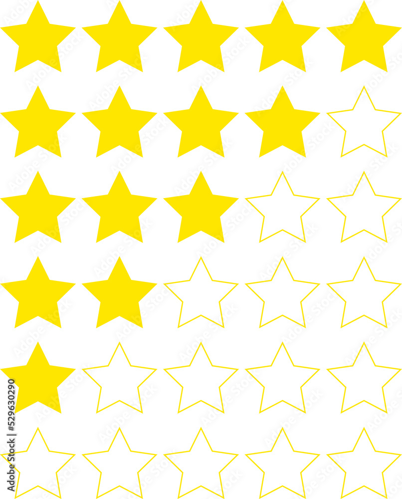 Five yellow stars in a row, 0-5 rating, review system. Isolated png illustration, transparent background. Asset for overlay, pattern, montage, collage. Business, customer feedback concept. Five yellow stars in a row, 0-5 rating, review system. Isolated png illustration, transparent background. Asset for overlay, pattern, montage, collage. Business, customer feedback concept.