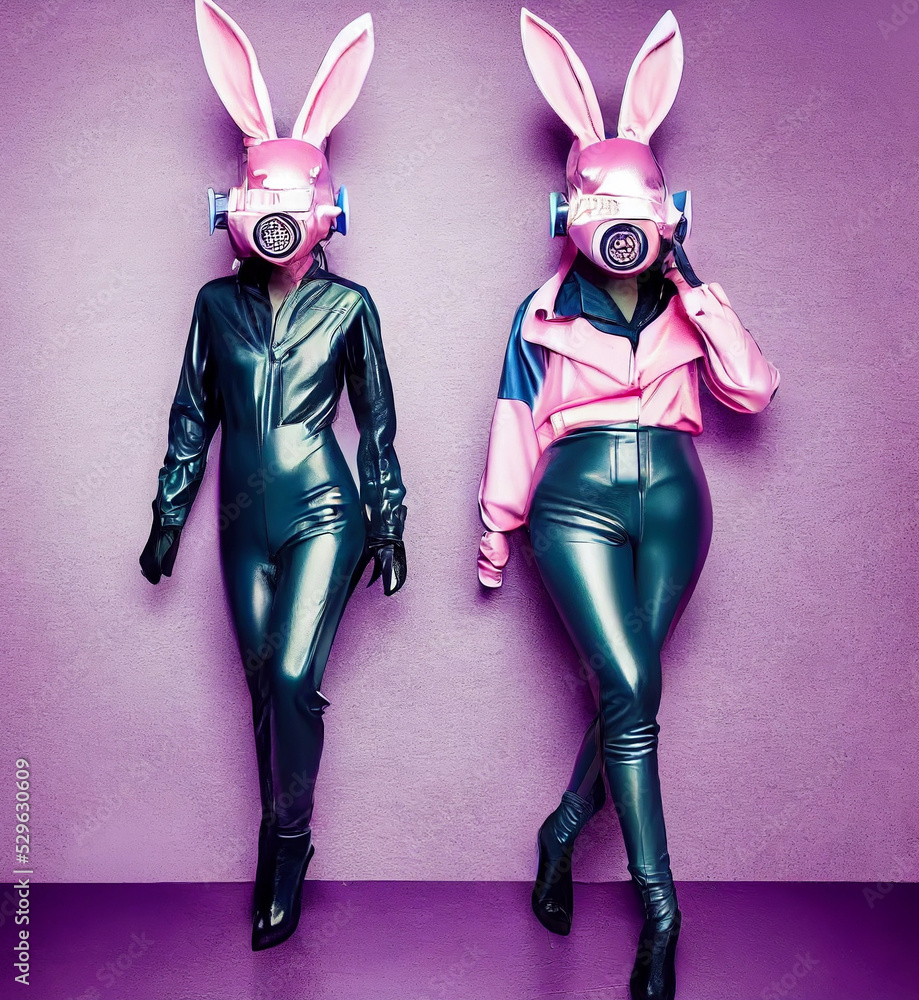 two girls in gas mask dressed as pink rabbits Stock Illustration