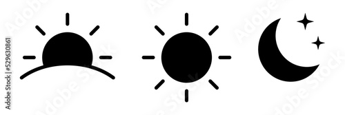 Bundle of black silhouettes of rising or setting sun, crescent moon and stars. Collection of day and night time pictograms. Set of design elements isolated on white background. Vector illustration.