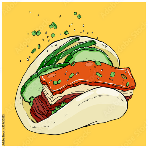 Vector illustration.Taiwanese snack Guabao. A piece of stewed meat with cucumber and green onion in steamed buns. Asian cuisine wallpaper for menu, packaging, cafe, restaurant. photo