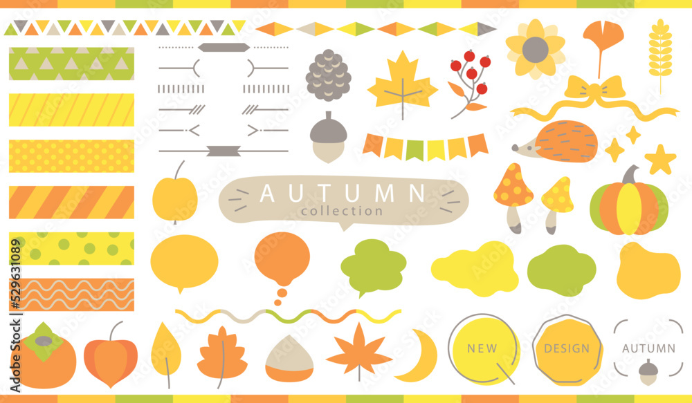 Set of autumn simple illustrations and frames. Autumn collection for your design, autumn leaves, season plants, nature symbols, frames vector illustration