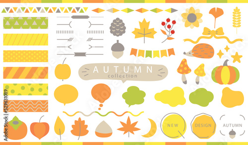 Set of autumn simple illustrations and frames. Autumn collection for your design, autumn leaves, season plants, nature symbols, frames vector illustration