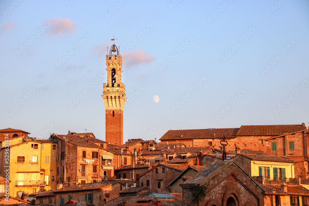 Clock tower above Siena town