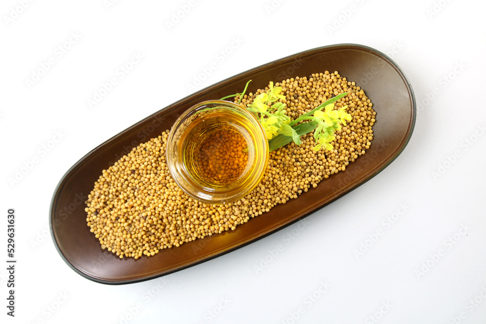 mustard seed, oil and flower on white background. useful in cooking and