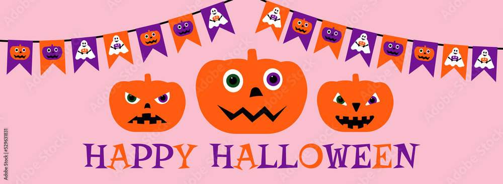 happy halloween banner greeting card with scary pumpkins flags happy halloween banner greeting card with scary pumpkins flags
