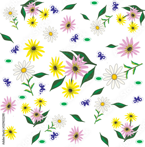 Seamless vector illustration with floral pattern. Repeating abstract background. Purple, pink, yellow. On an isolated white background. For printing on fabric, clothes and bags, paper, gifts, postcar