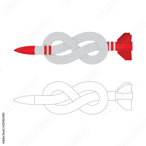 Knotted, disarmed rocket. Damaged rocket, stop bombing concept symbol. Part of set.
