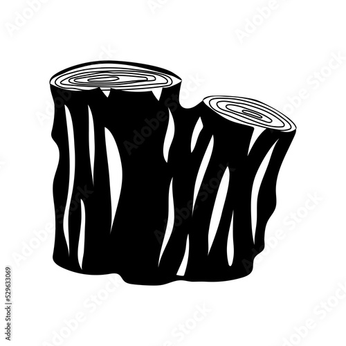 Isolated Tree stump dark engraved silhouettes. Hand drawn vector illustration