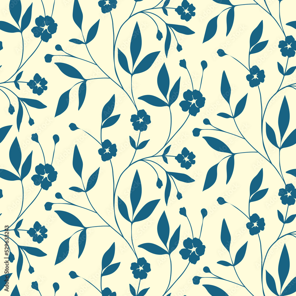 Seamless floral pattern in a rustic, folk style. Romantic ditsy print, botanical background with drawing branches, small flowers, leaves. Surface design in white, blue colors. Vector..