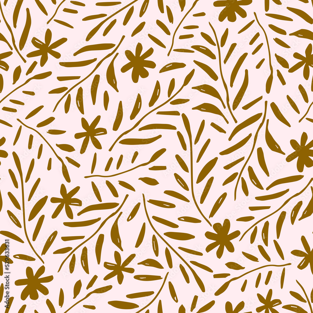 Simple floral vector seamless pattern. Dry leaves, branch and twig on a light pink background. For fabric prints, textiles. Autumn summer collection. Simple floral vector seamless pattern. Dry leaves, branch and twig on a light pink background. For fabric prints, textiles. Autumn summer collection.