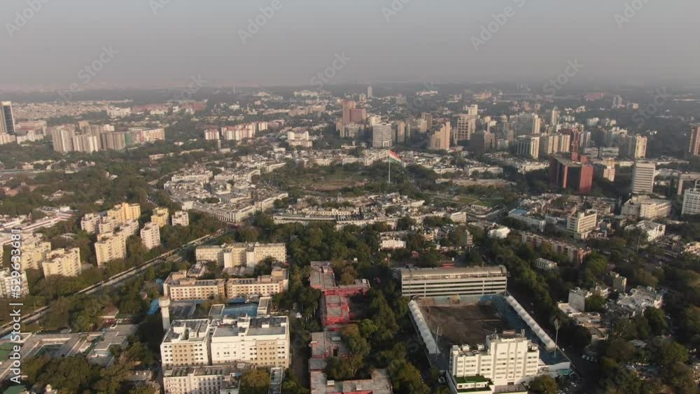 An aerial shot of Connaught Place with cars moving around at New Delhi, India An aerial shot of Connaught Place with cars moving around at New Delhi, India