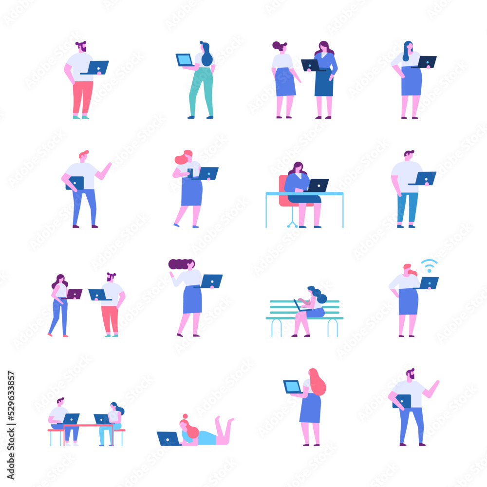 Tiny People with laptop silhouette flat vector set Tiny People with laptop silhouette flat vector set