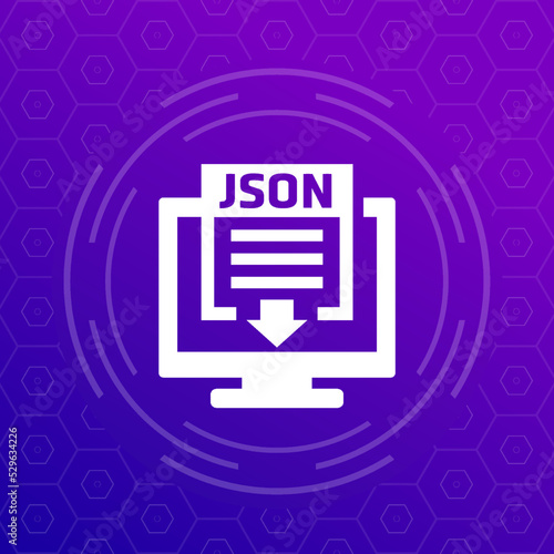 JSON file download icon with computer, vector
