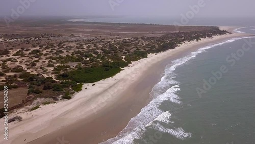 Aerial footage of huge beach with sandy coastal area scattered with bushes, Cap Skirring, Casamance, Senegal, going backward alond the coast while descending. photo