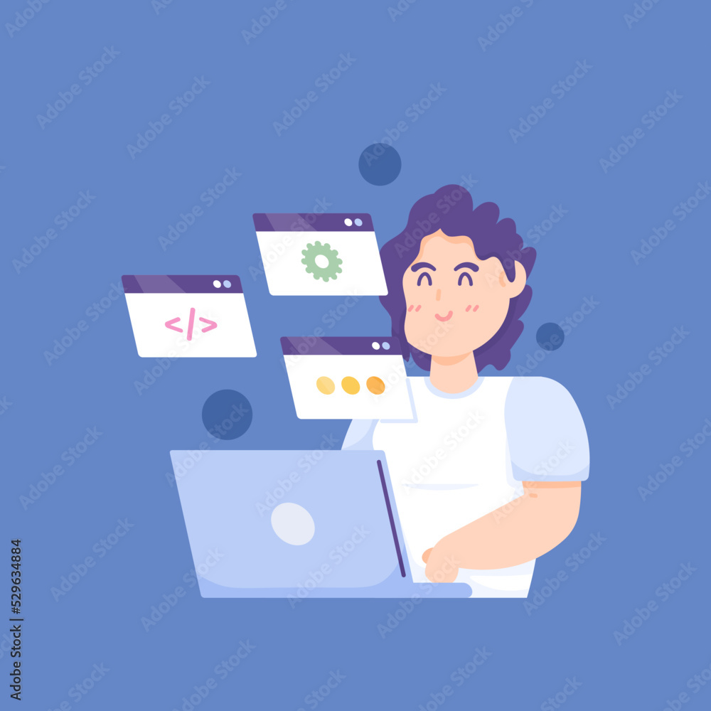 a woman is learning and practicing programming skills. full stack developer, programmer, software engineer. programming courses and training. cartoon character concept illustration. element design