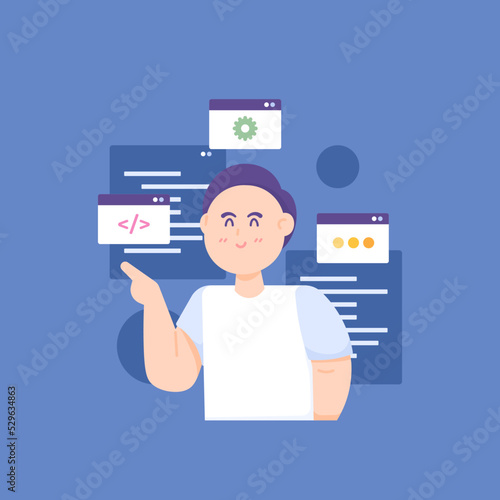 a man is learning and practicing programming skills. full stack developer, programmer, software engineer. programming courses and training. cartoon character concept illustration. element design