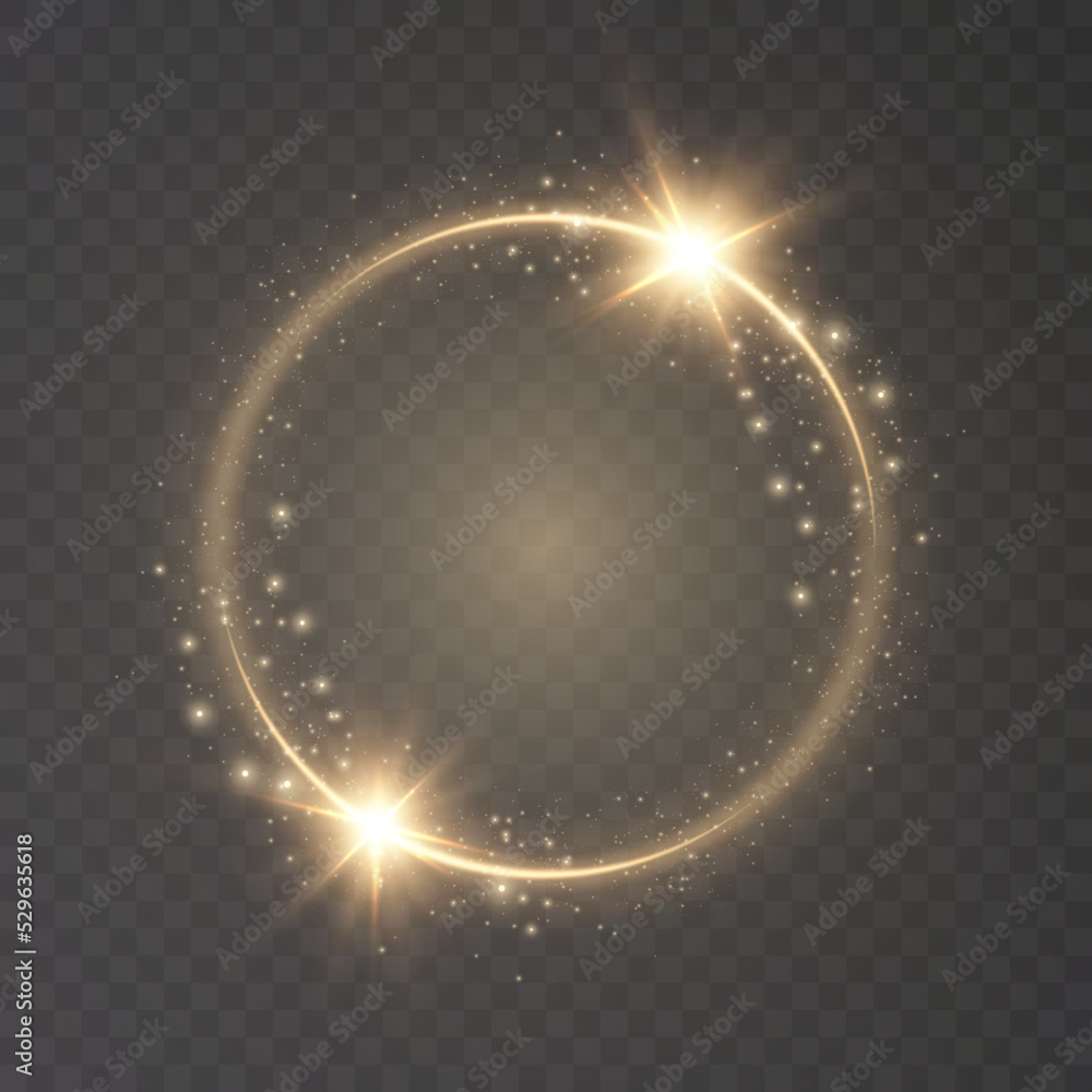 Light gold circle. Round golden line light effect. Glowing golden