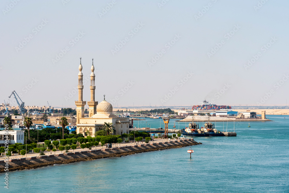 Cityscape with Egyptian Mosque  in the city of Tawfiq (Suburb of Suez), on the southern end of the Suez Canal before exiting into the Red Sea. 