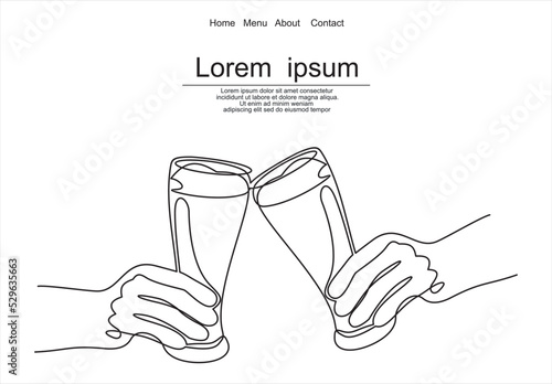 Continuous one line drawing of hands of two people clinking beer glasses in flat design