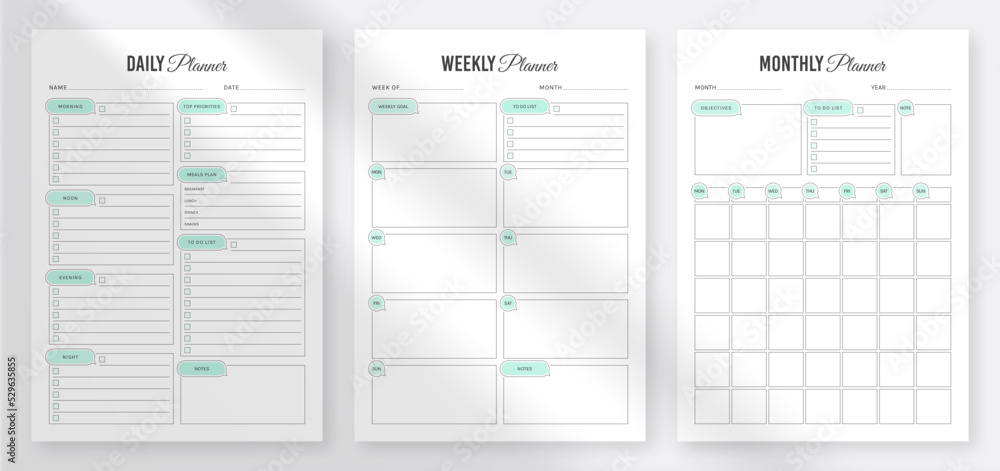 Daily, weekly, monthly planner template. 3 Set of minimalist planners. Printable Daily Weekly Monthly Planner Templates. - obrazy, fototapety, plakaty 