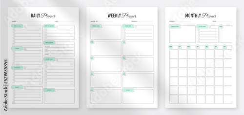 Daily, weekly, monthly planner template. 3 Set of minimalist planners. Printable Daily Weekly Monthly Planner Templates.