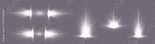 White flashes of light and glare. Laser beams of light. Beautiful light flashes. Glowing stripes on a transparent background.