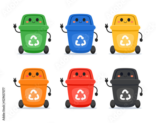 6 Color kawaii garbage bin with recycle icon. Vector illustration flat cute cartoon design for banner, poster, and background.
