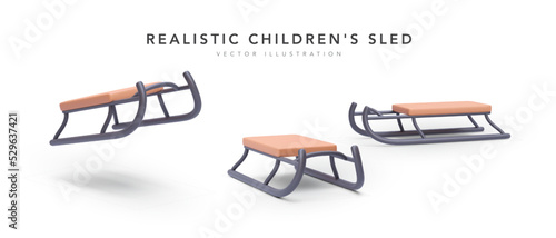Set of 3d realistic wooden snow sledge isolated on white background. Vector illustration