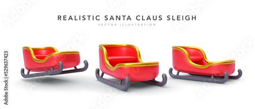 Set of 3d realistic colourful sleigh in different position with shadow isolated on white background. Vector illustration