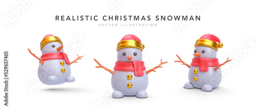 Set of 3d realistic colourful Christmas snowman in different position with shadow isolated on white background. Vector illustration