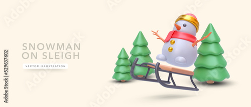 3d realistic snowman riding on a sledge isolated on yellow background. Vector illustration