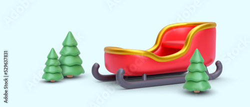 3d realistic red empty Christmas sleigh with tree isolated on blue background. Vector colorful illustration