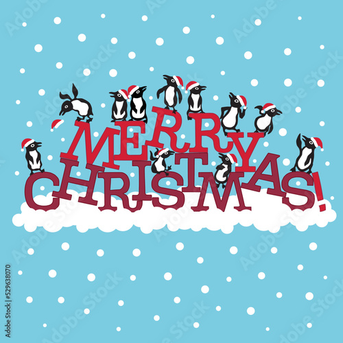 A humorous vector illustration for a greeting card, invitation card, postcard, poster, broadsheet, flyer or calendar with eleven penguins and a writing „Merry Christmas!„
