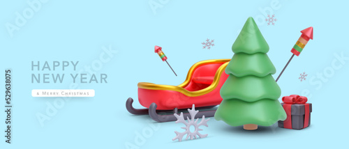 Christmas winter festive composition. Realistic 3d objects tree, gift, sled, snow, salute. Holiday Greeting card, banner, web poster. Vector illustration