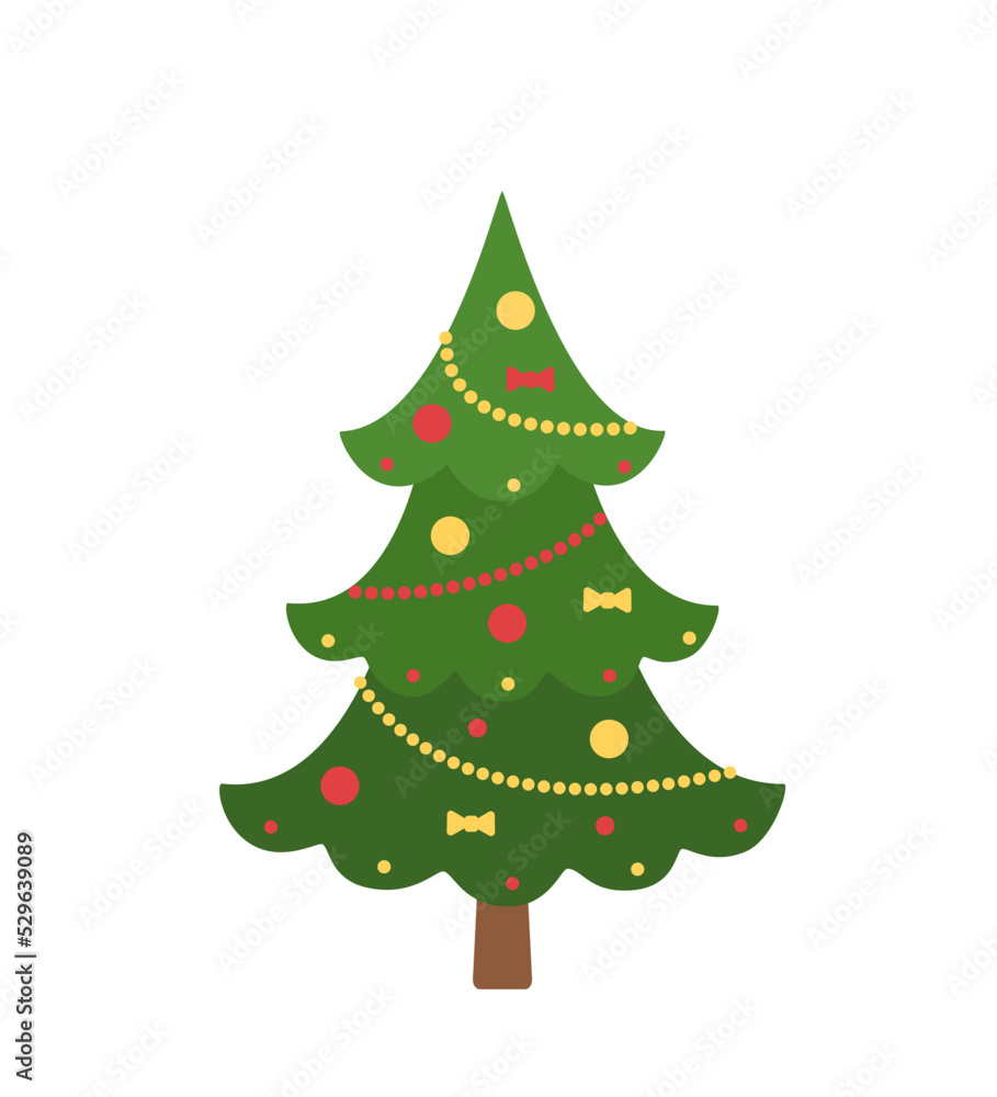 Christmas tree decorated with garlands isolated on white background. Cartoon flat style. Vector illustration Christmas tree decorated with garlands isolated on white background. Cartoon flat style. Vector illustration