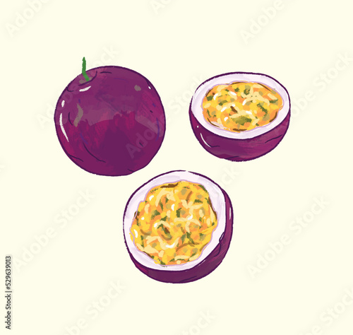 Whole and sliced passion fruit in vector flat illustration