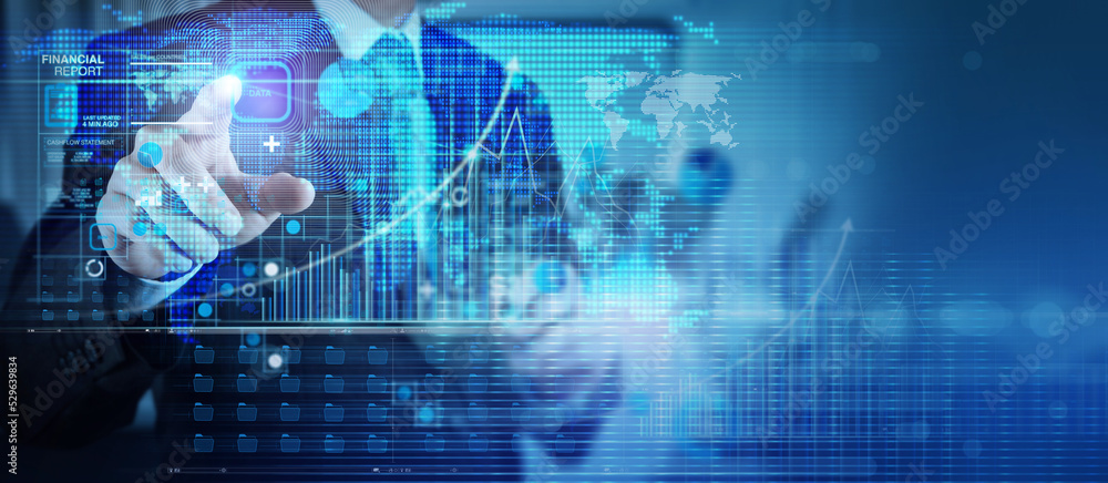 Naklejka premium Businessman working data finacne report world map and growth graph and progress of business and analyzing financial and investment data ,business planning and strategy.